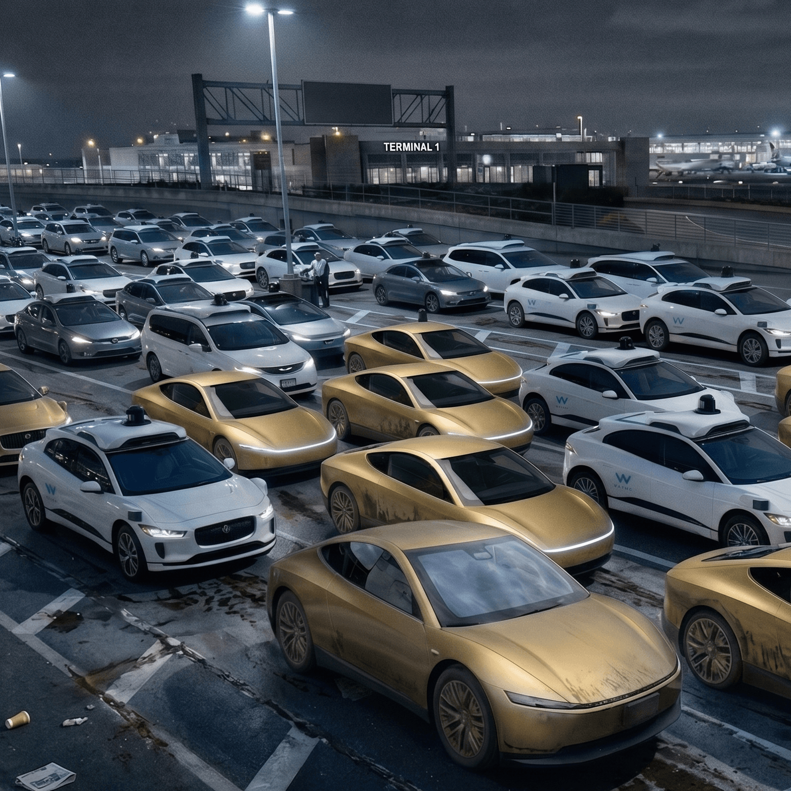 Rendering: AV staging lot, Austin ~2027 — gold Tesla Cybercabs, white Waymo Jaguar I-PACEs, and conventional rideshare vehicles